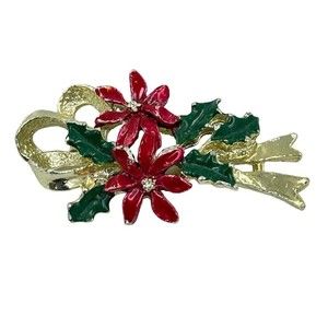 Christmas Holly Gold Ribbon Brooch Pin Signed Gerrys